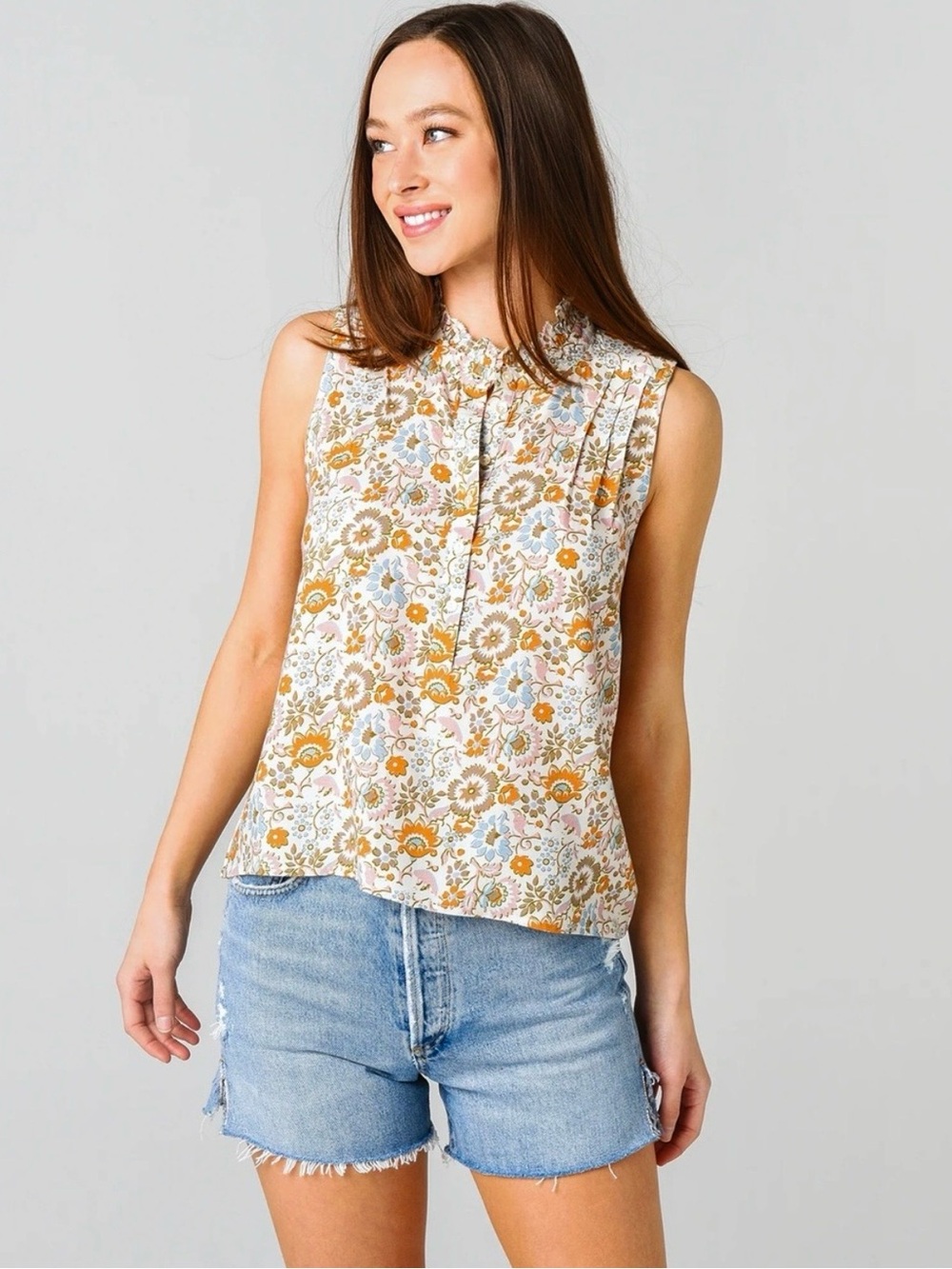 Faherty Faith Pintuck Ruffle Floral Blouse